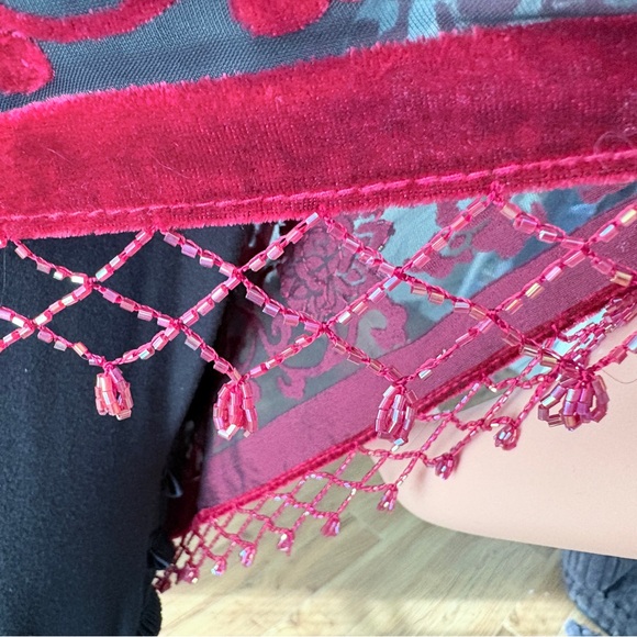 Vintage 1999 Red Velvet Beaded Tango Shawl | Fringe Wrap - Picture 5 of 8